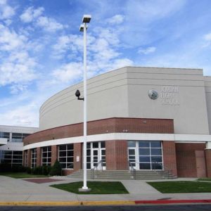 Jordan High School A picture of the front of Jordan High School.