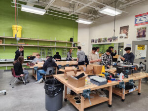 CTE Engineering and Robotics Classroom Students working on hands-on engineering and robotics projects in a high school CTE classroom.